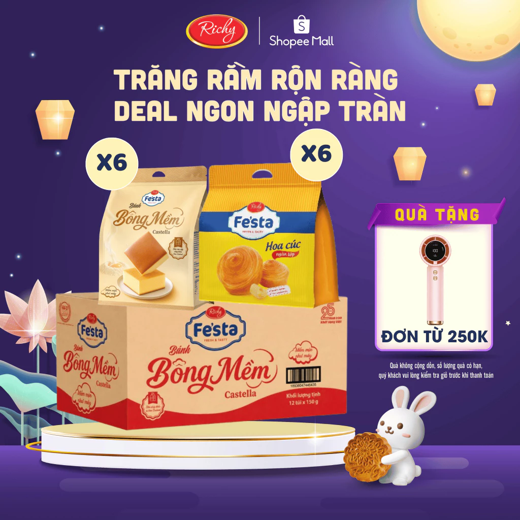 [TẶNG QUẠT ĐƠN TỪ 250K] Thùng 36 Bánh Festa Hoa Cúc & Castella Richy - Combo Bánh Mềm Ăn Sáng Tiện Lợi