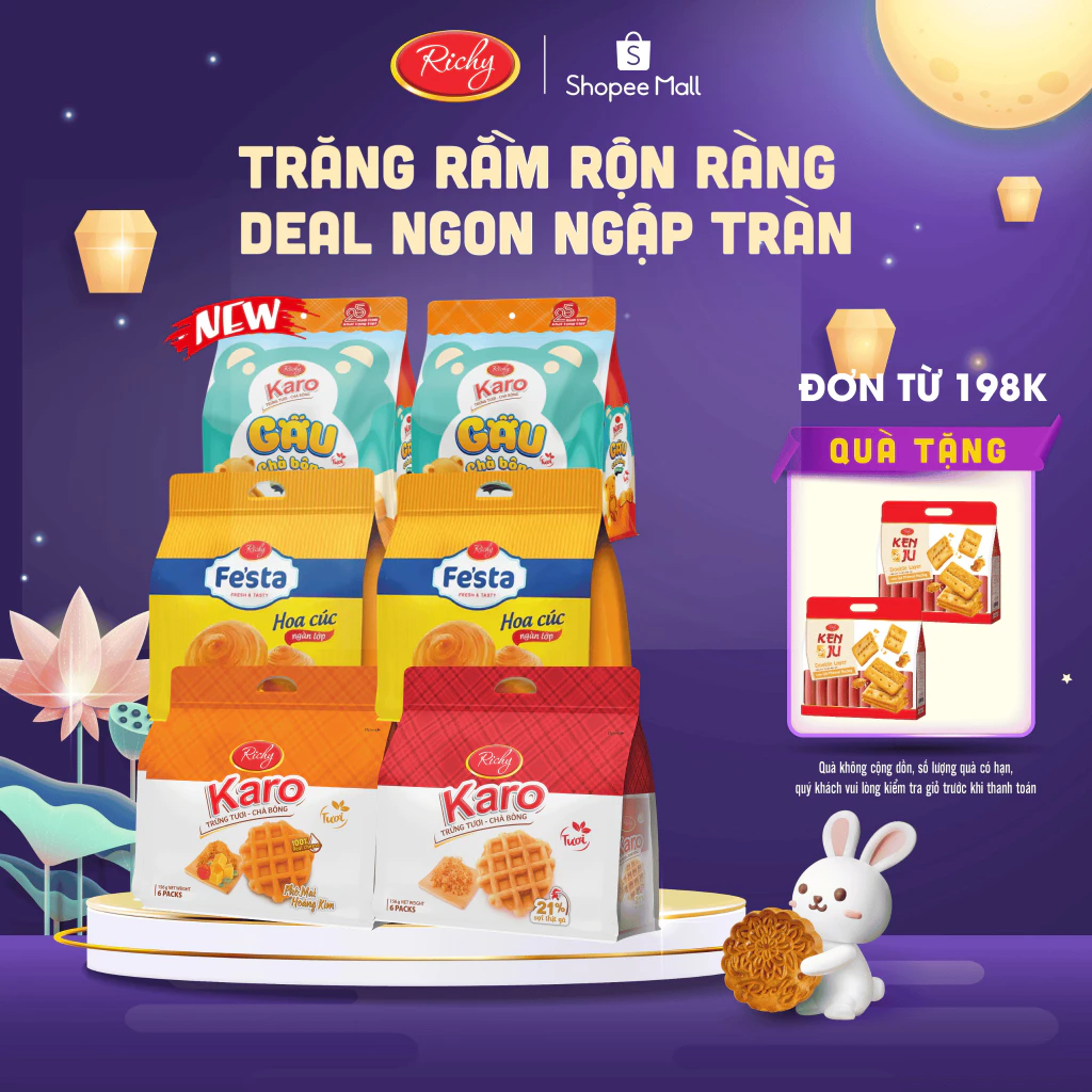 [ TẶNG 2 QUÀ ĐƠN TỪ 198K] Combo 6 bịch bánh Karo Richy trứng tươi chà bông và phô mai hoàng kim, HSD 45 ngày