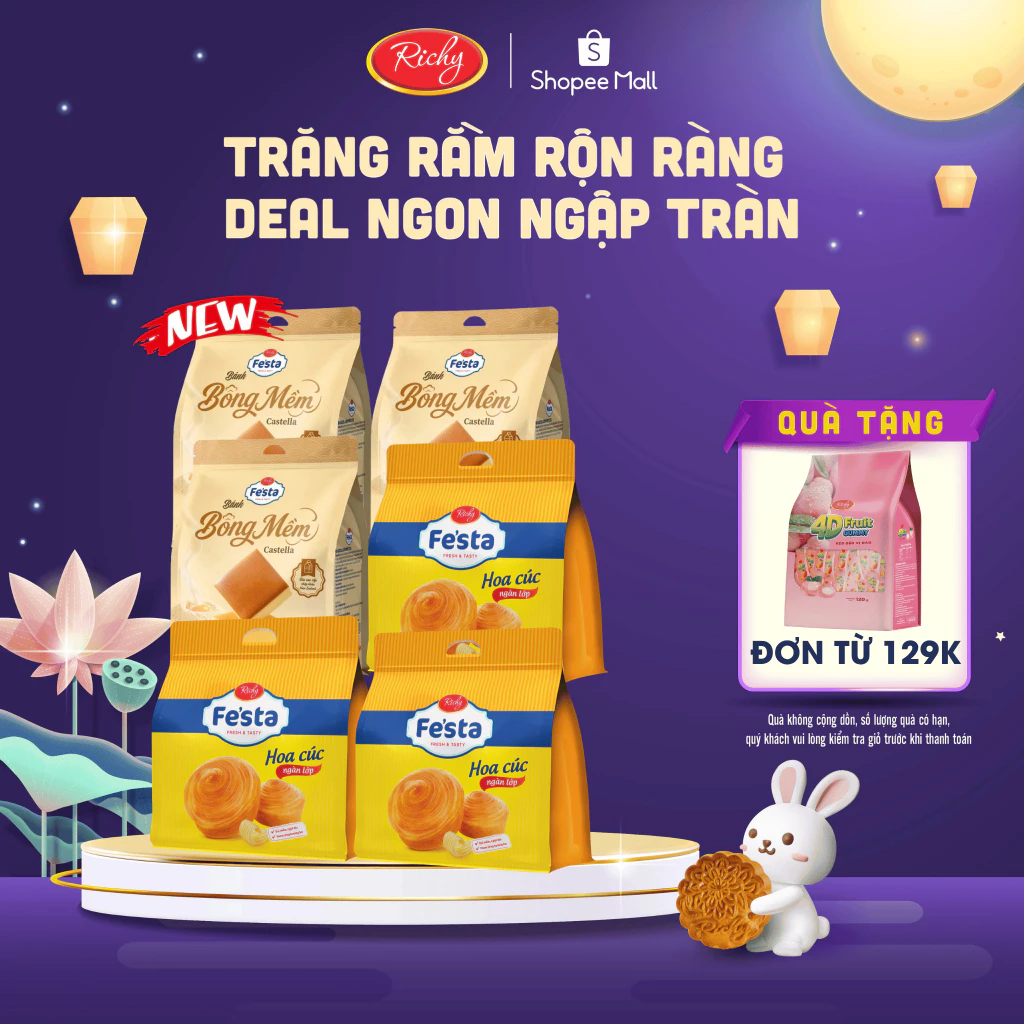 [TẶNG QUÀ ĐƠN TỪ 129K] Combo 6 Bánh mì hoa cúc ngàn lớp, Bánh mì Lụa Fe'sta Richy, HSD 35 ngày từ NSX