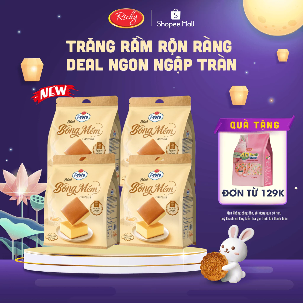 [TẶNG QUÀ ĐƠN TỪ 129K] Combo 4 Bánh Bông Mềm Castella Festa Richy - Bánh Bông Lan Mềm Xốp, Thơm Ngon, Ăn Sáng Tiện Lợi