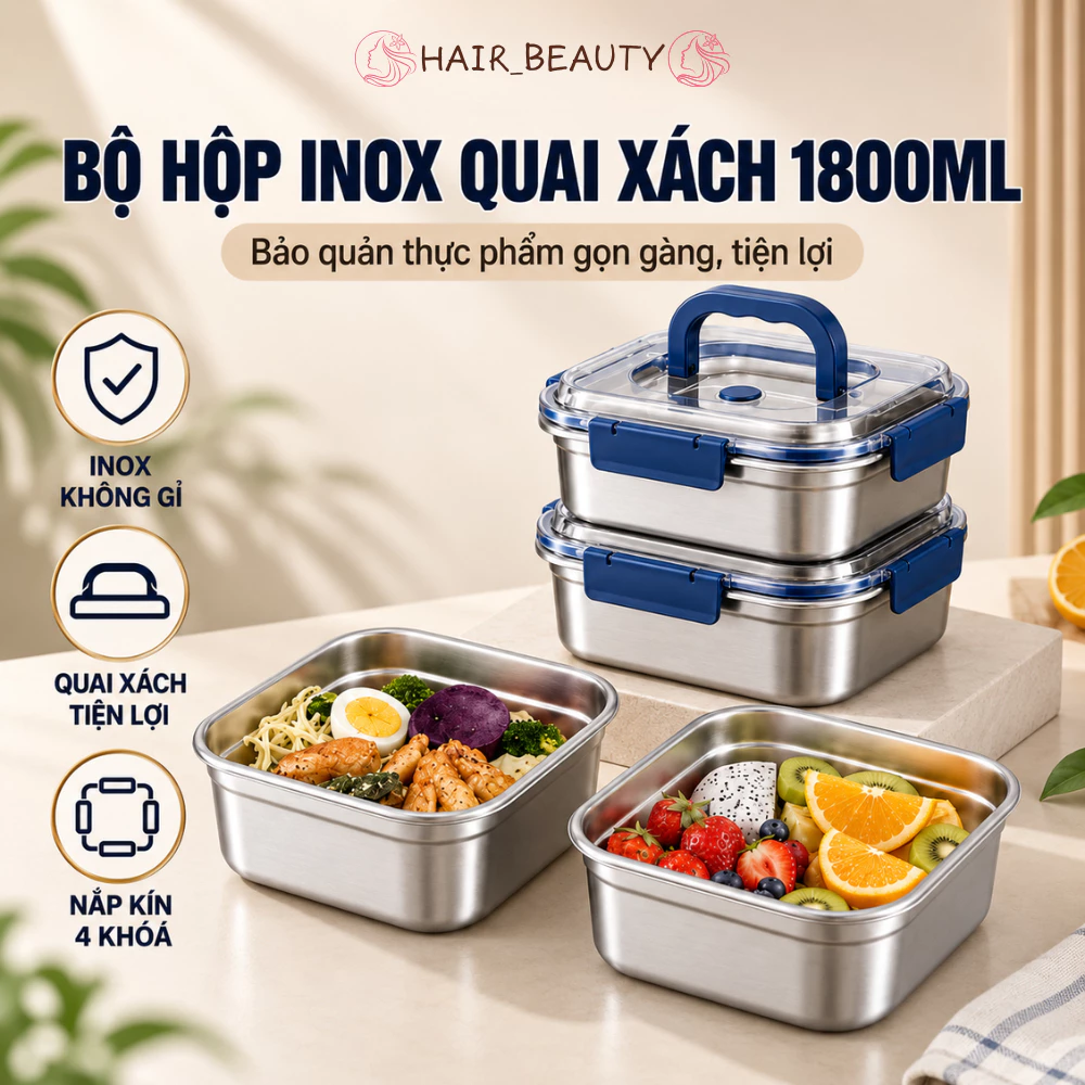 Hộp Đựng Thực Phẩm Inox 304 1800ml Có Quai Xách, Nắp Kín Chống Tràn, Ngăn Mùi Tủ Lạnh