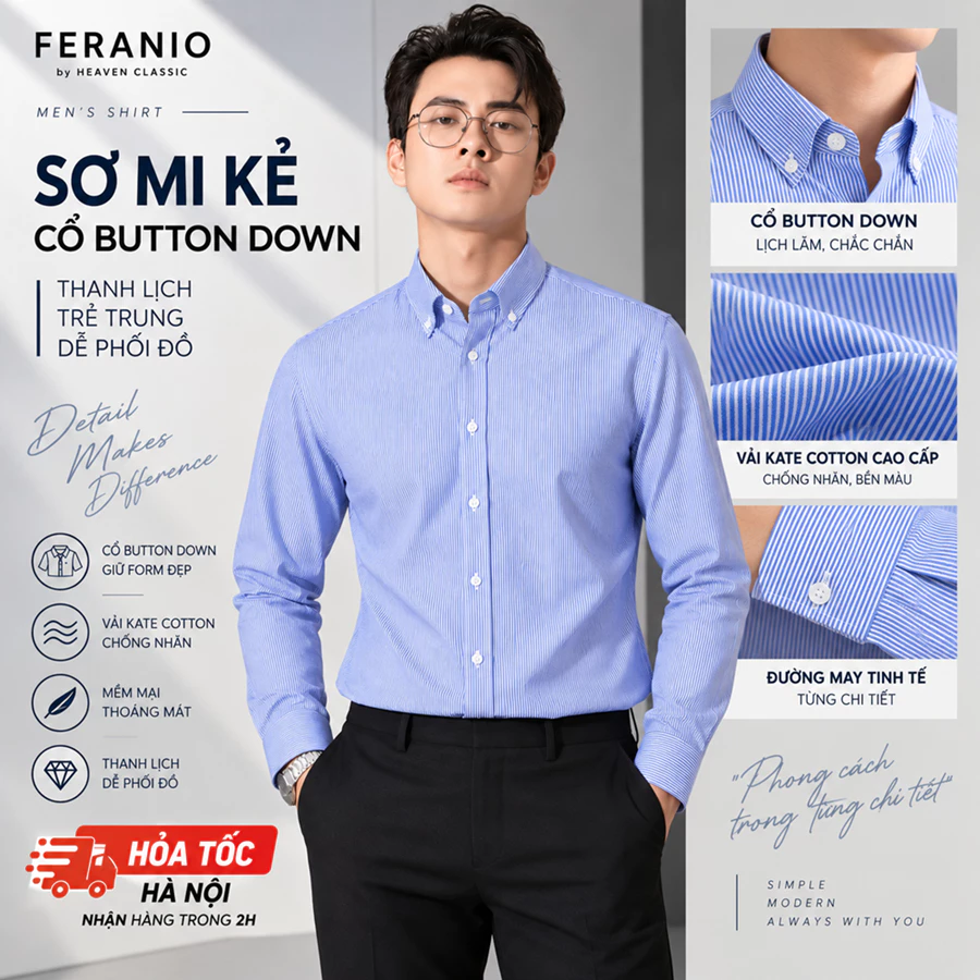 Áo Sơ Mi Nam Dài Tay Kẻ Sọc Xanh HC Trắng Lịch Lãm - Thiết Kế Trẻ Trung, Thanh Lịch mã SH48
