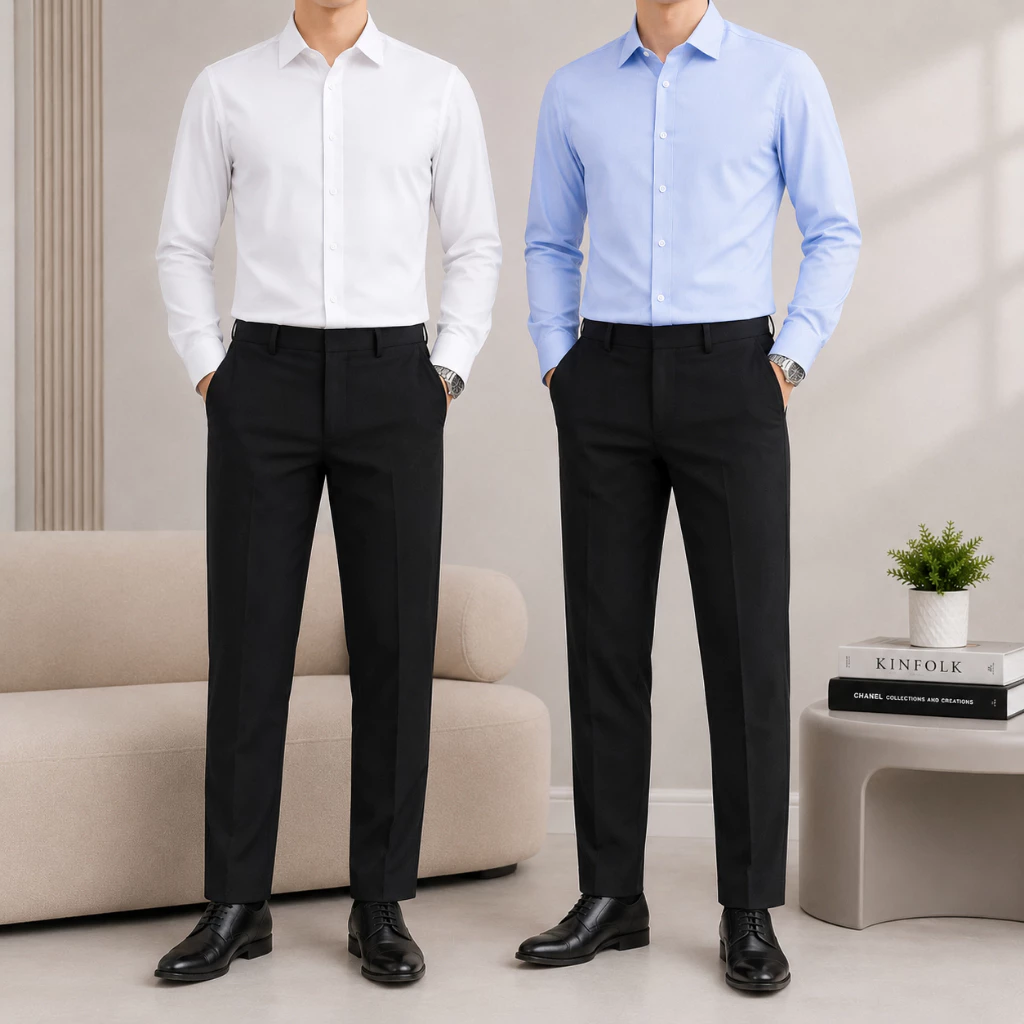 Áo Sơ Mi Nam Dài Tay Kẻ Nhỏ Trắng,Xanh  – Vải Cotton Mịn, Form Slim Fit Lịch Lãm, Đi Làm Đi Tiệc