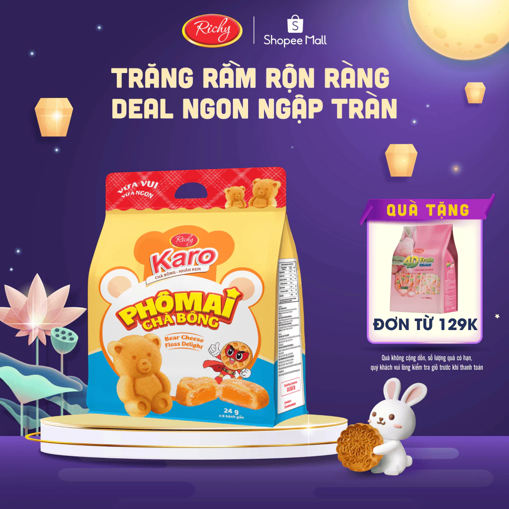 [Tặng quà đơn 129k] Bánh Karo Gấu Richy - Bánh Chà Bông Nhân Phô Mai Trứng - Date 45 Ngày back to school