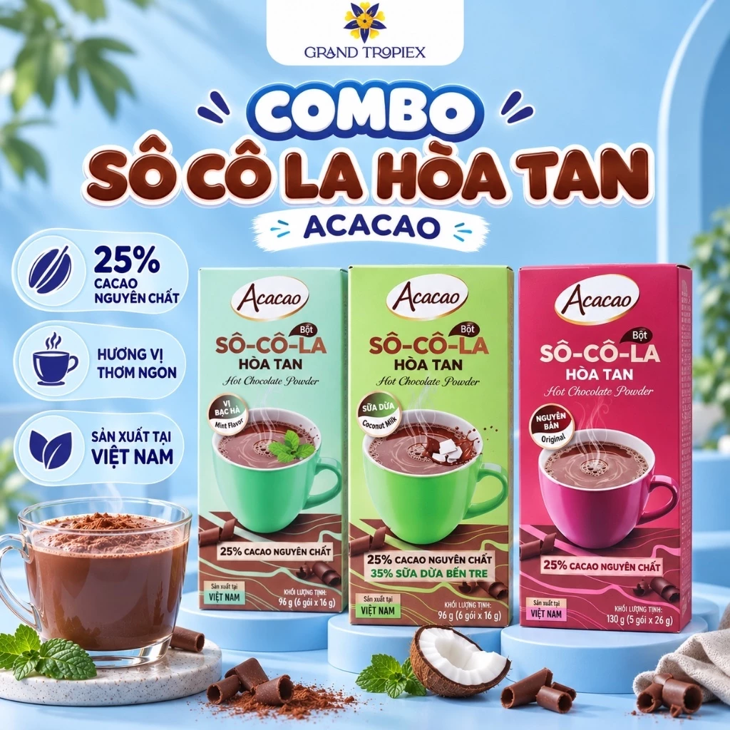 [COMBO 4] Socola bạc hà uống liền Bột Cacao Nguyên Chất 20% Acacao, Tiện Lợi, Chuẩn HACCP -  Hộp 96g