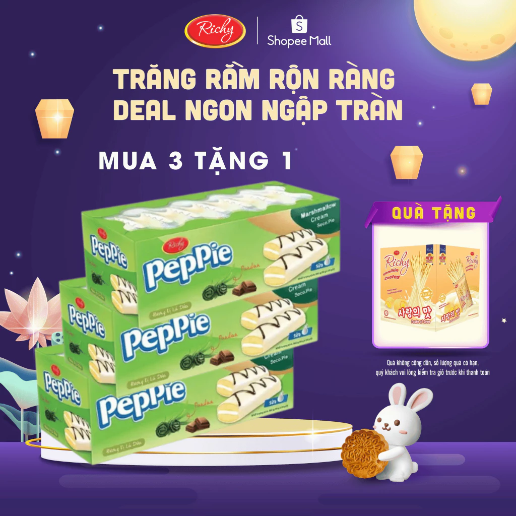 [MUA 3 TẶNG 1]  Bánh peppie khay vị lá dứa 360g, bánh kẹo Richy, back to school