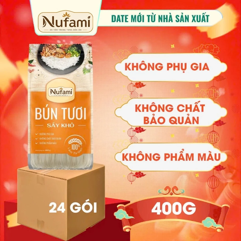 (1 thùng - 24 gói) Bún Tươi Sấy Khô 400gr - Chính Hãng Nufami - Thơm Ngon, Làm Hoàn Toàn Từ Gạo