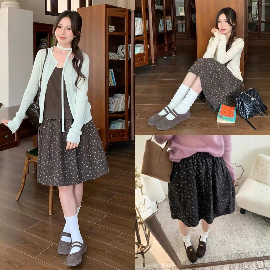 Váy kaki nhung hoa nhí viền ngang Hazel lưng thun 2 túi - V901