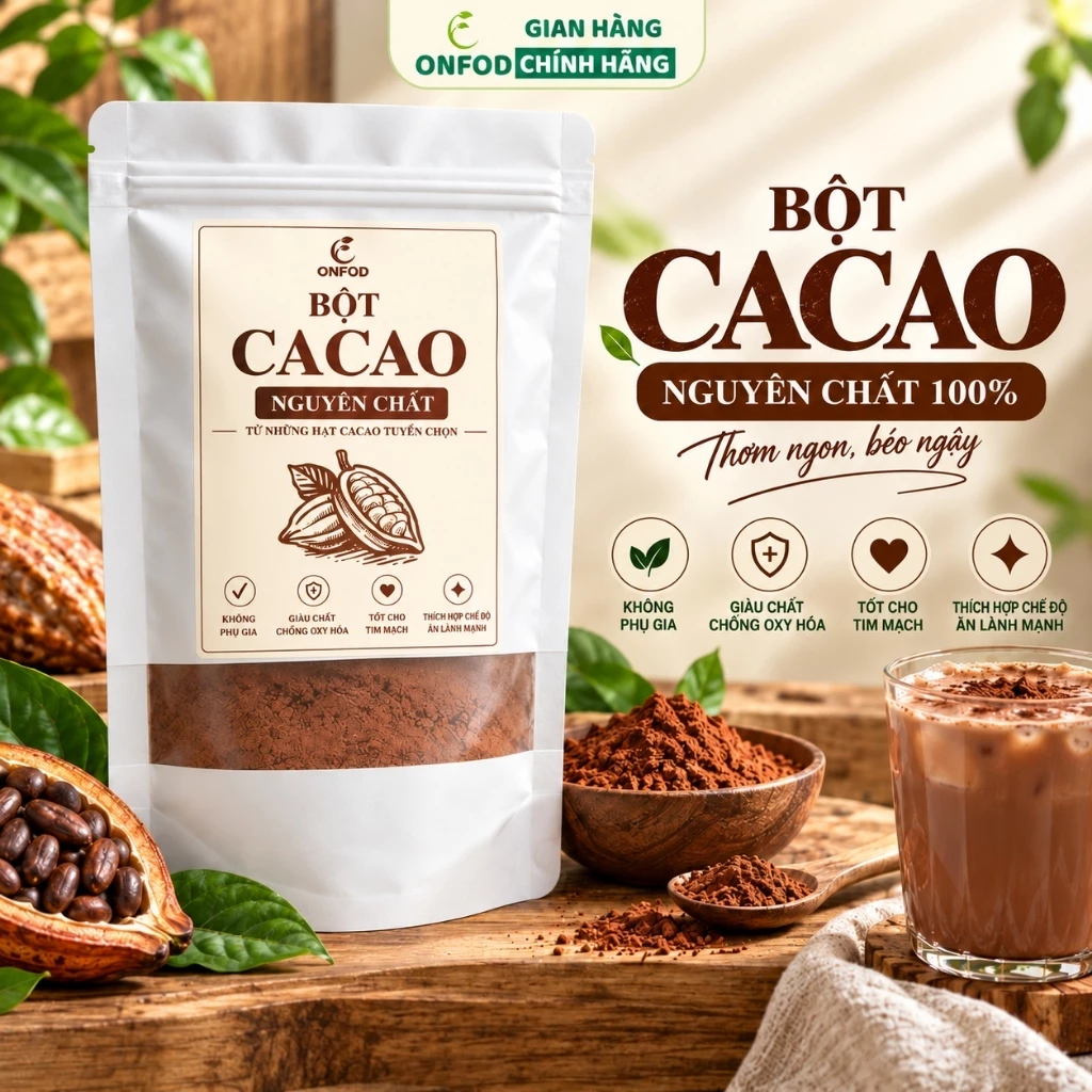 Bột Cacao nguyên chất không đường ONFOD, Bột Ca Cao làm bánh, chế biến đồ uống, xay sinh tố cacao Daklak