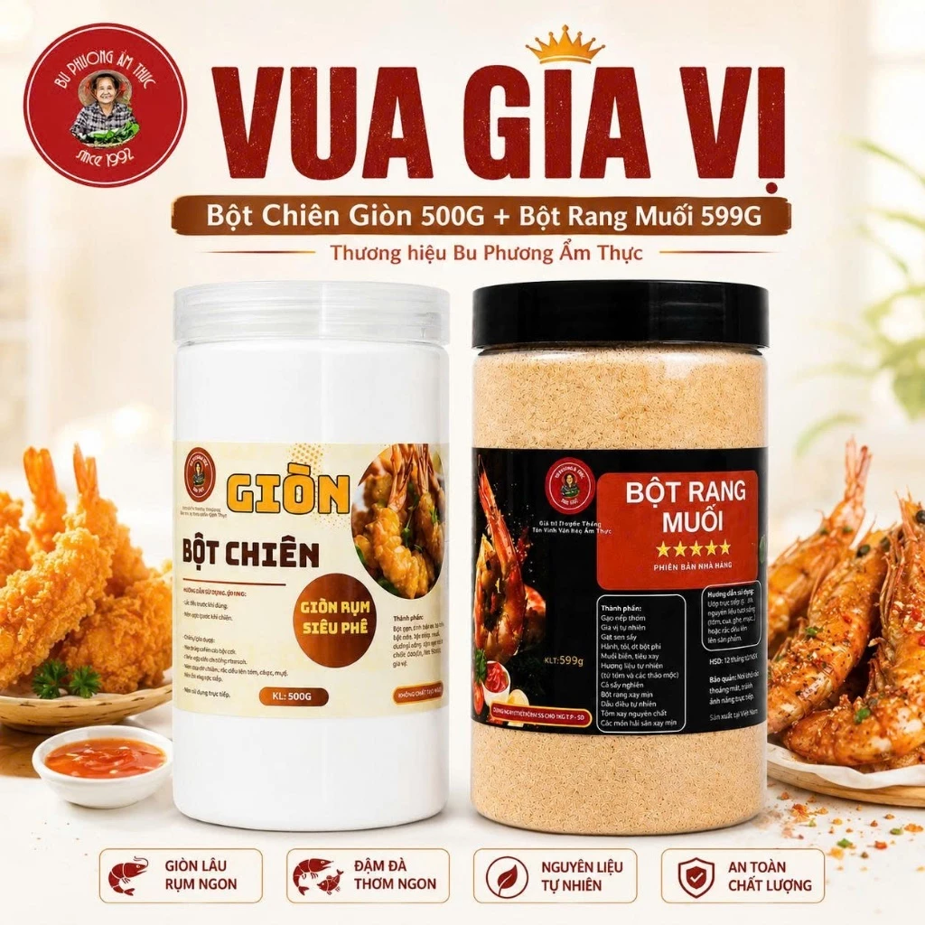 Vua Gia Vị: Bột Chiên Giòn 500G - Bột Rang Muối 599G - Thương Hiệu Bu Phương Ẩm Thực Làm Món Chiên
