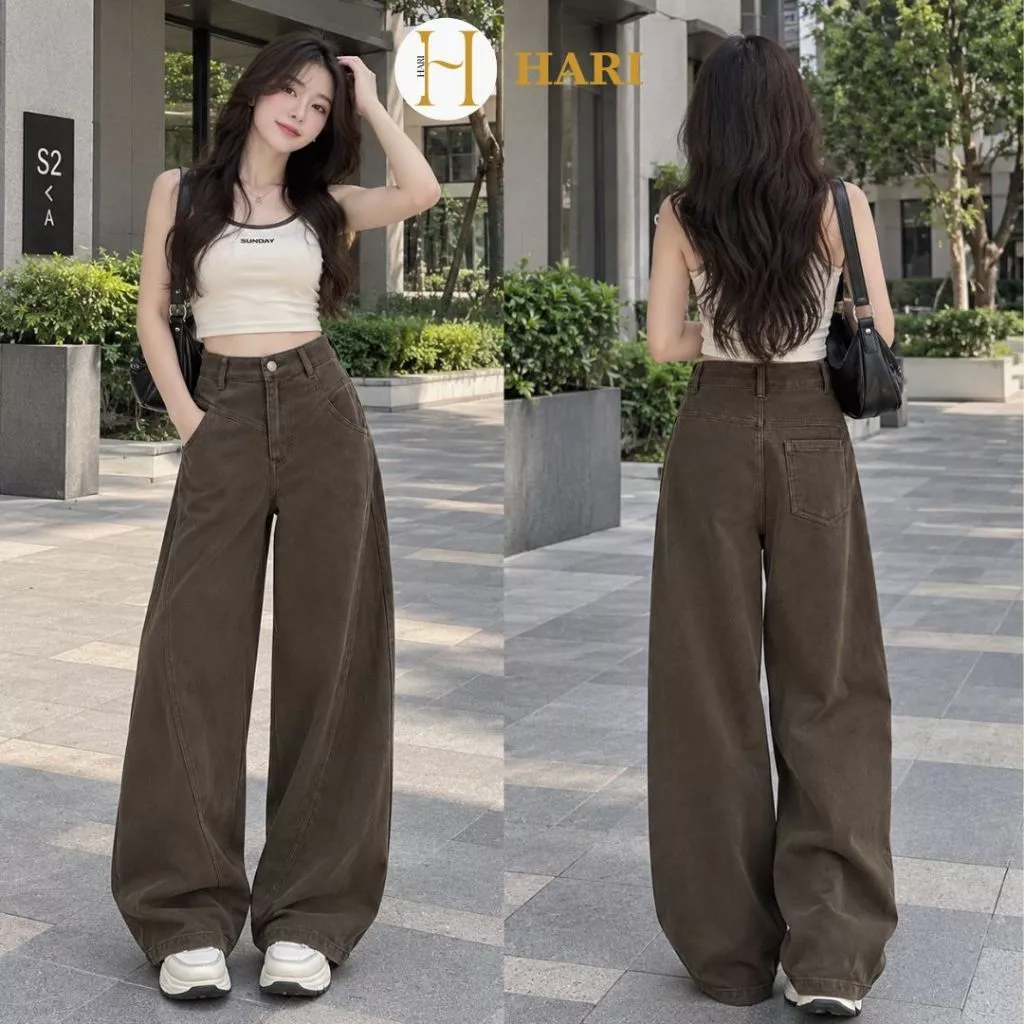 Quần Jean Nữ Lưng Cao Ống Suông Màu Nâu Choco Basic 093 Hari