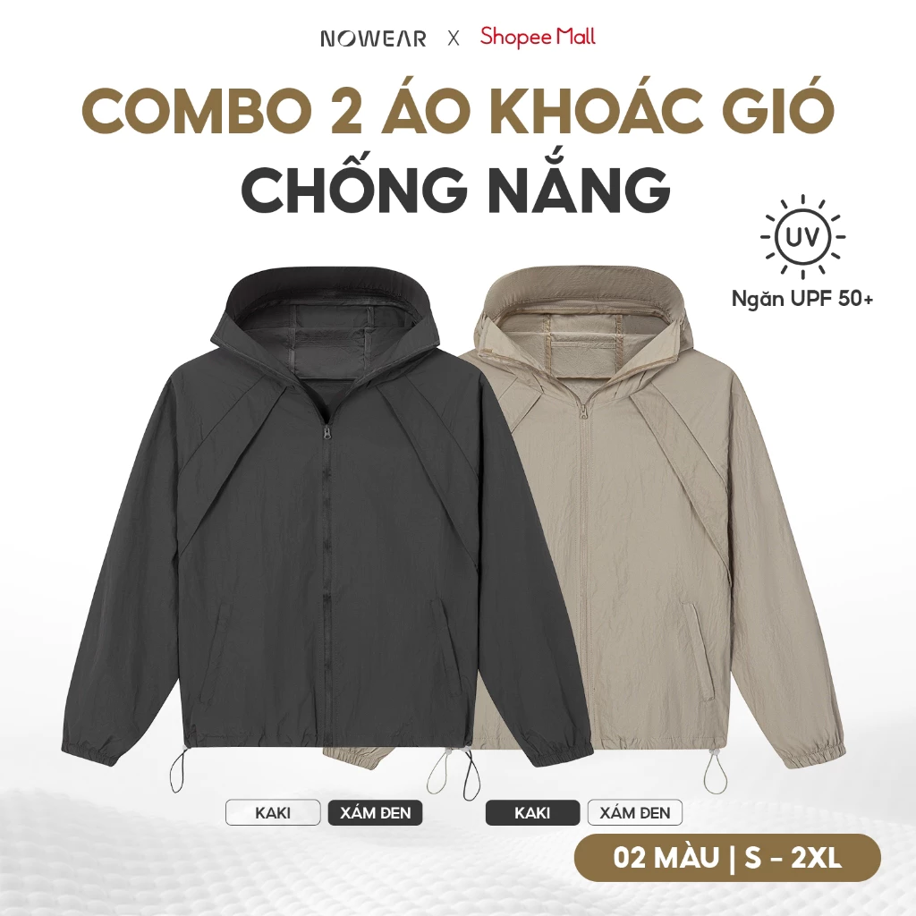 Combo 2 Áo Khoác Gió Chống Nắng NOWEAR - Ngăn UPF 50+, Mỏng Nhẹ, Kháng Nước Nhẹ, Thoáng Khí, Có Mũ