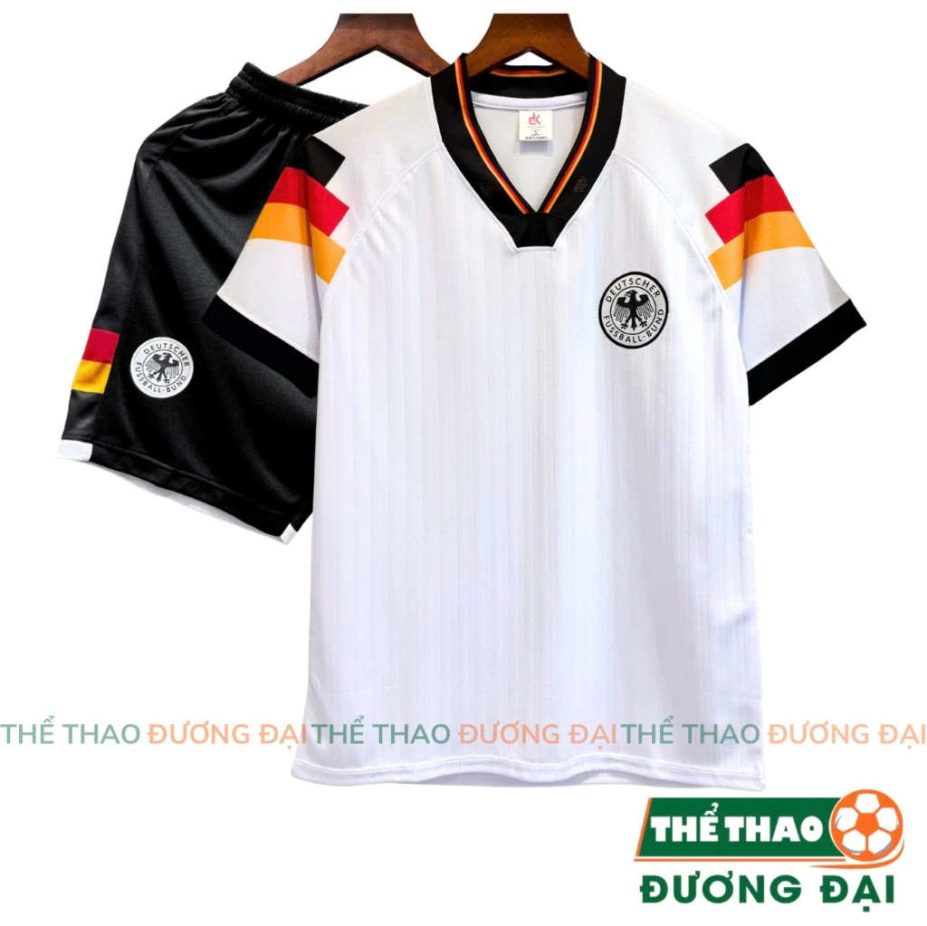 Quần Áo Bóng Đá ĐT Đức Trắng Retro 1992 Thun Mè Thoáng Khí Thể Thao Đương Đại
