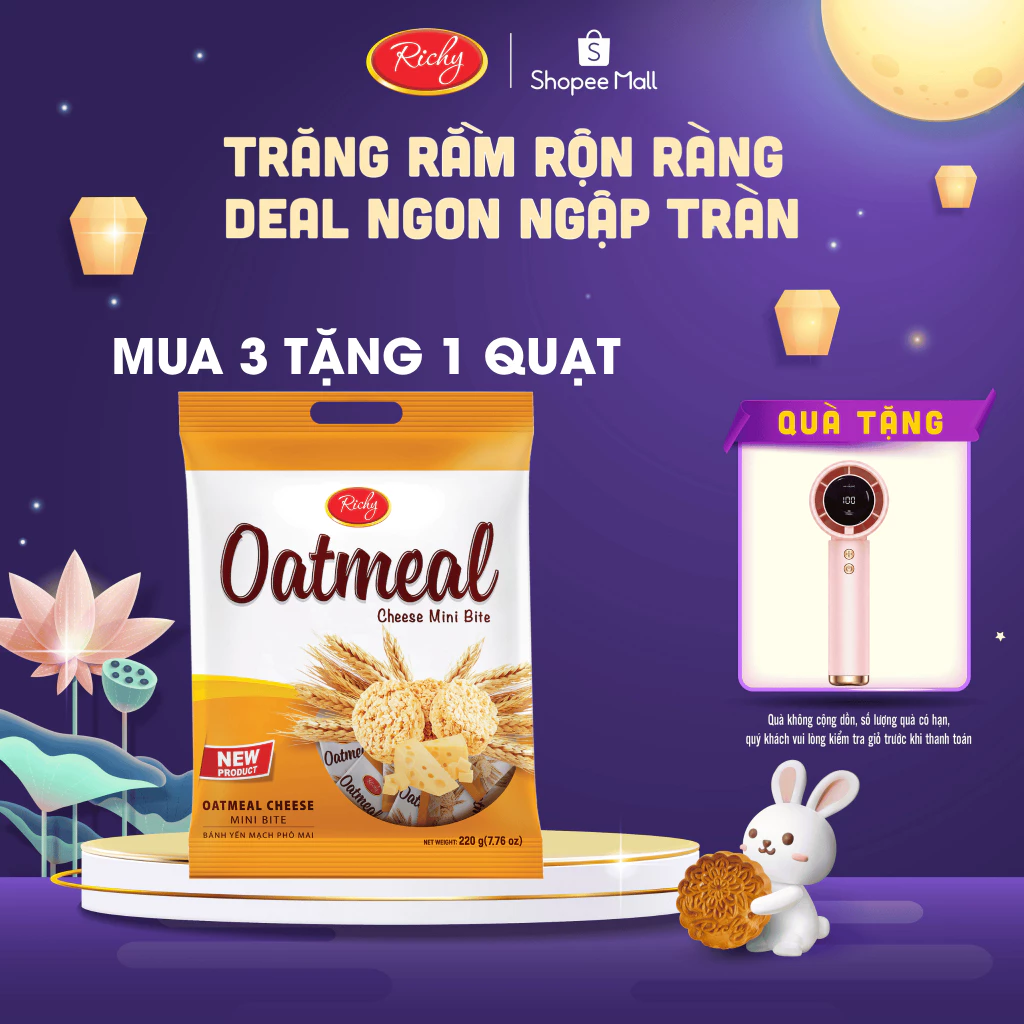 [MUA 3 TẶNG 1 QUẠT]   Bánh Yến mạch Richy mini bite - Vị phô mai túi lớn 220g Back to school