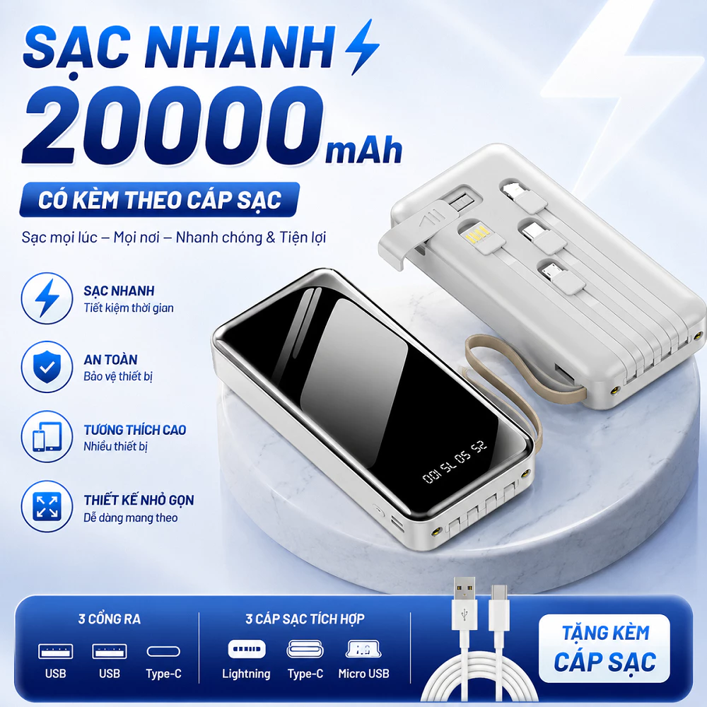 Sạc dự phòng 20000mAh sạc nhanh mini dung lượng lớn có sẵn nhiều dây sạc tích hợp đèn chiếu sáng PKMALL