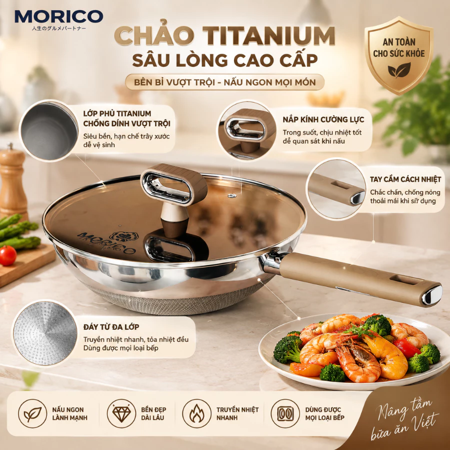 Chảo Titanium Morico 26cm Sâu Lòng MFT906 5 Lớp Chống Dính Cao Cấp Đúc Liền Khối Dùng Mọi Loại Bếp
