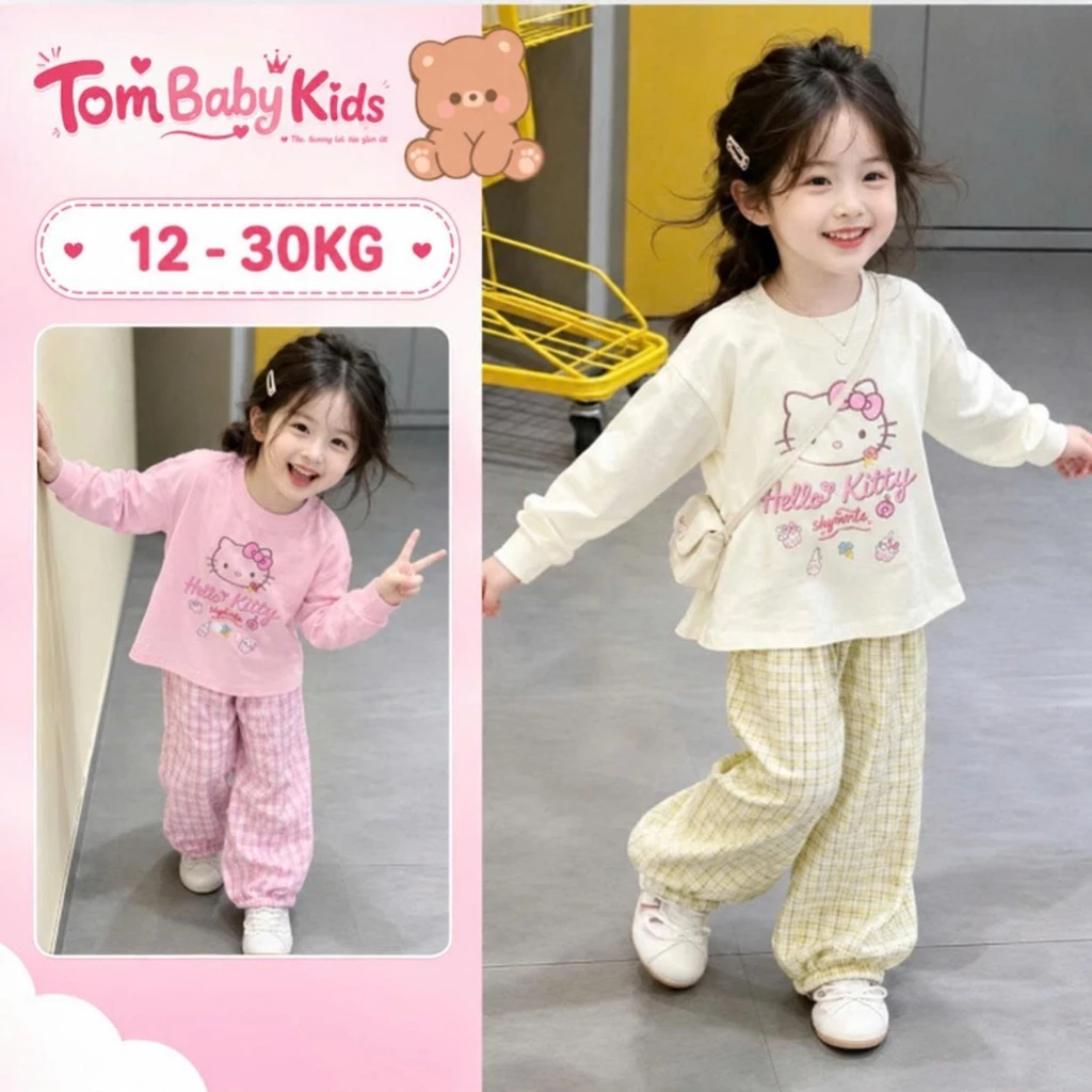 Đồ bộ bé gái, set đồ bé gái dài tay ở nhà áo thun cotton 2c Hello Kitty phối quần kẻ dài cho bé 12-30kg Tom Baby Kids