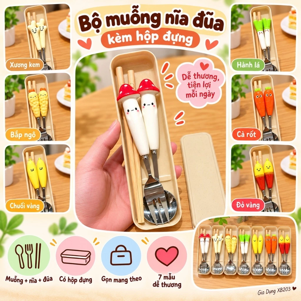 Bộ Muỗng Nĩa Đũa Kèm Hộp Đựng Dễ Thương 7 Mẫu, Bộ Dụng Cụ Ăn Uống Cá Nhân Mang Đi Học Đi Làm