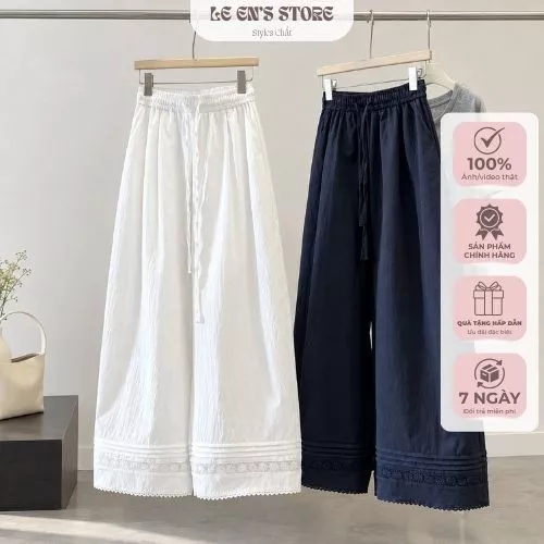 Quần ống rộng nữ chất kaki lạnh mềm mịn cao cấp, quần ống suông nữ viền dập ly phối ren loại 1 - Q126