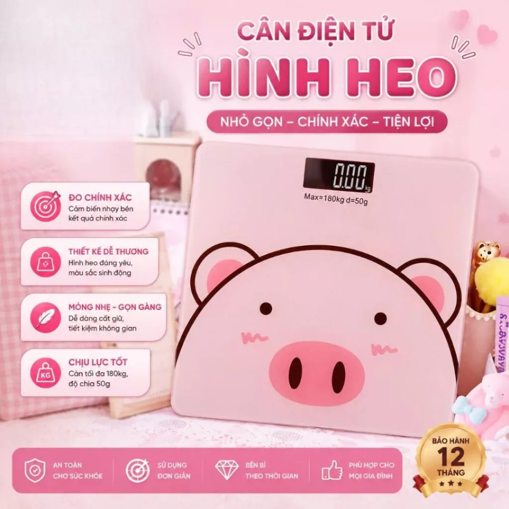 Cân điện tử sức khỏe - Cân thông minh hình lợn hồng kute [ HÀNG TỐT ]