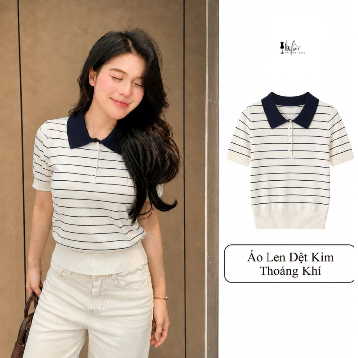 Áo Len Polo Dệt Kim Kẻ Ngang Mềm Thiết Kế Cơ Bản Màu Sắc Tôn Da LN56