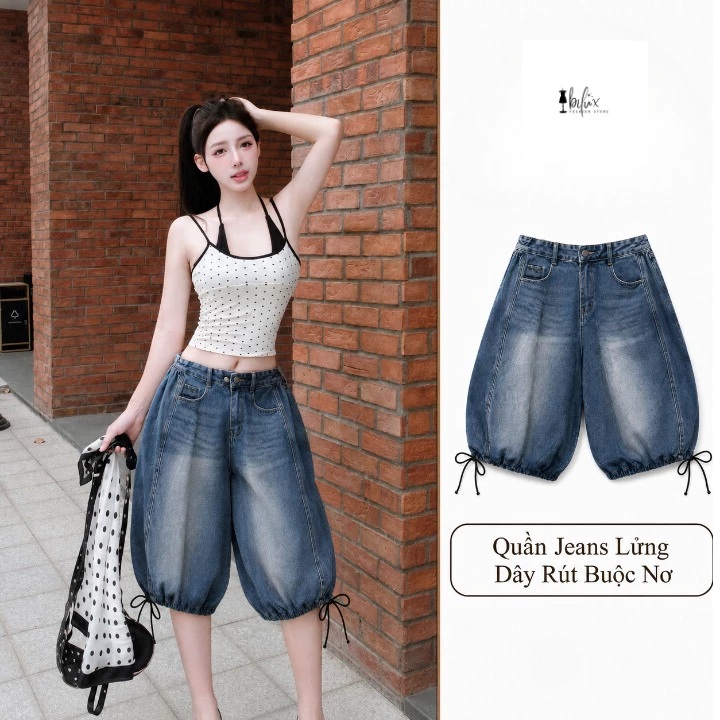 Quần Jean Lửng Nữ J89 Dáng Balloon Wash Xanh, Lưng Thun Sau Co Dãn, Gấu Rút Dây Phong Cạc Kỏea