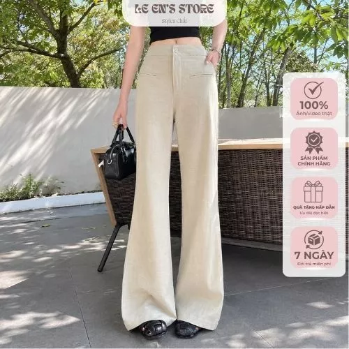 Quần loe nhẹ nữ linen cạp cao ống suông tôn dáng, quần dài phong cách hàn quốc đi làm đi chơi-Q136