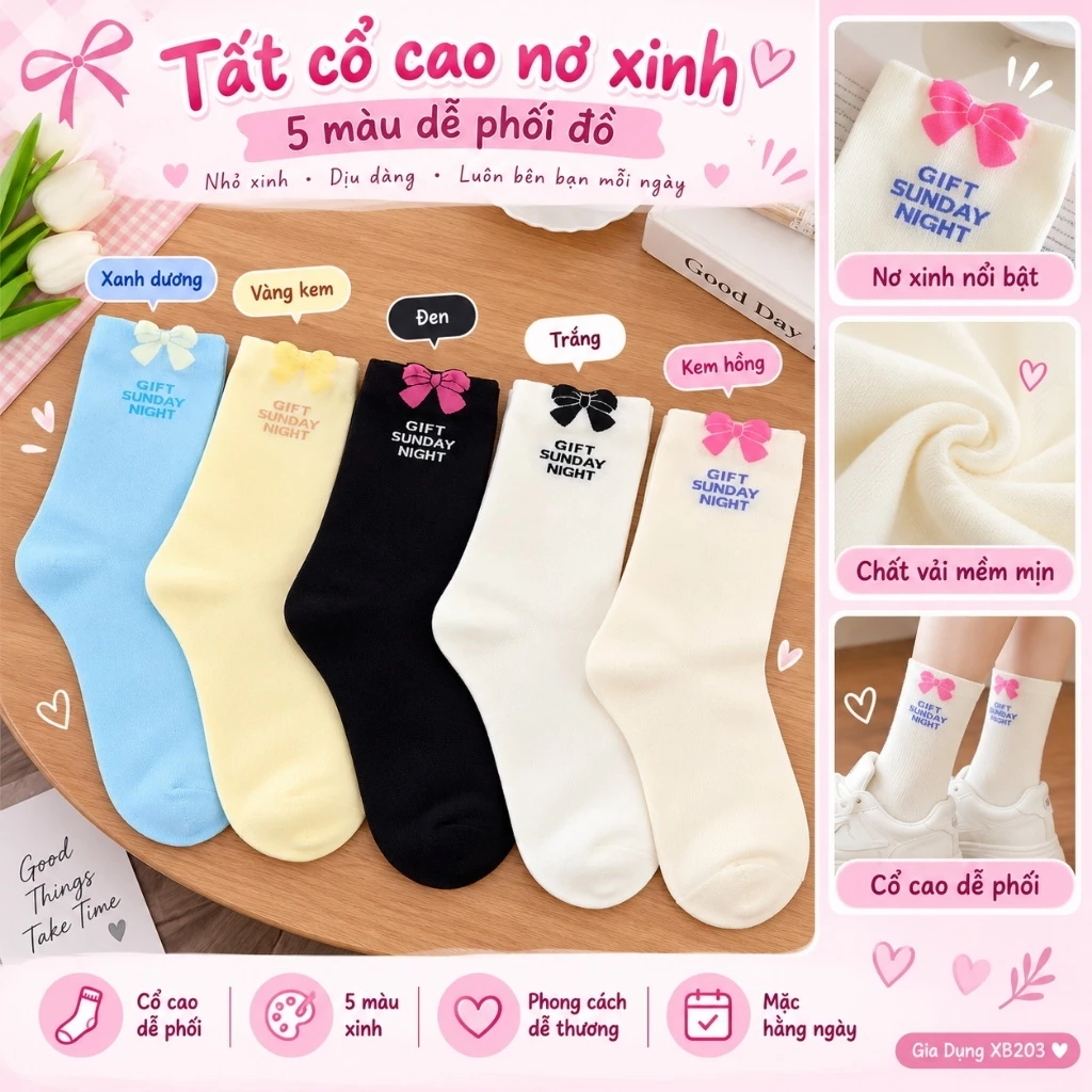 Tất Cổ Cao Nữ Nơ Xinh 5 Màu, Vớ Nữ Cổ Cao Phong Cách Hàn Quốc Dễ Thương Dễ Phối Đồ Đi Học Đi Chơi