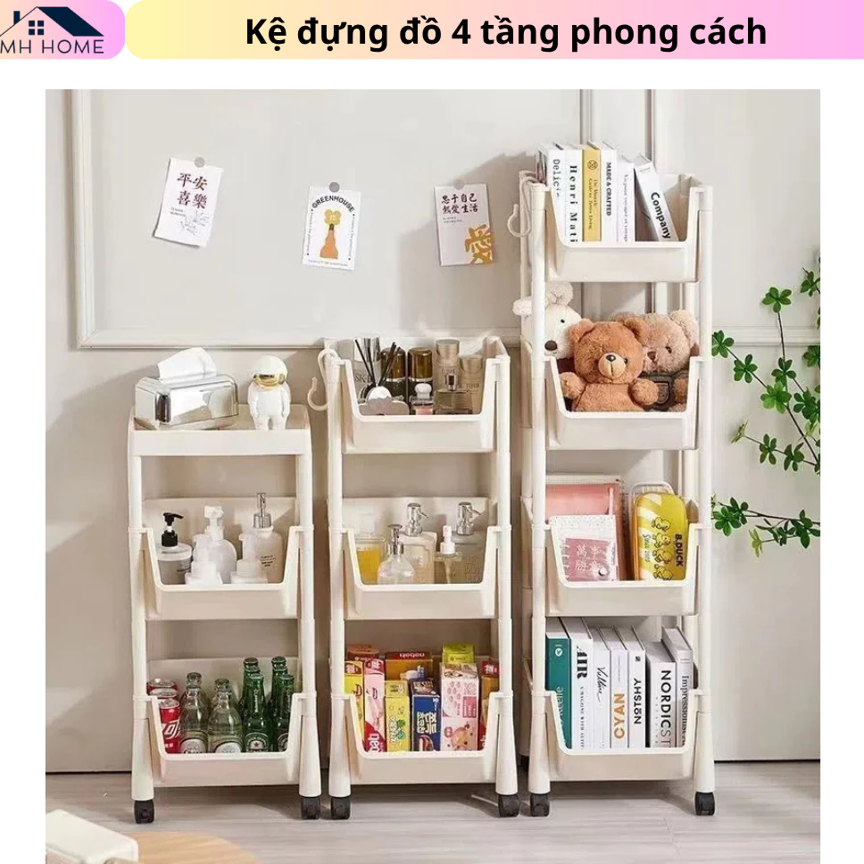 Kệ Sách Nhựa 4 Tầng Đa Năng Có Bánh Xe Khóa Tiện Lợi - Kệ Đựng Đồ Đồ Chơi Nhà Bếp Khay Rổ Thông Minh MH