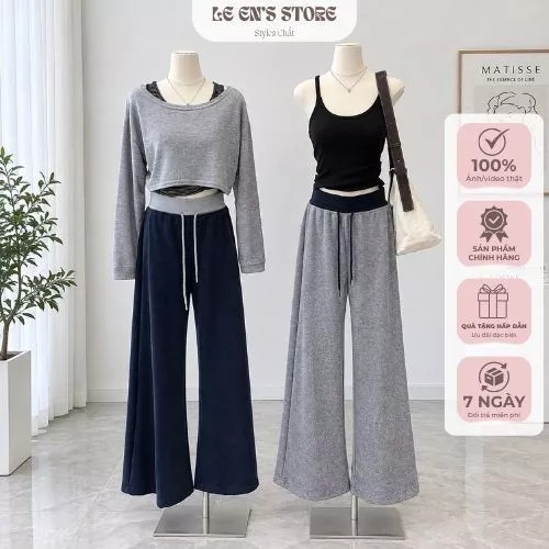 Quần suông nữ nỉ lông dày dặn cạp phối, quần nỉ ống rộng nữ dáng dài giữ ấm mùa thu đông