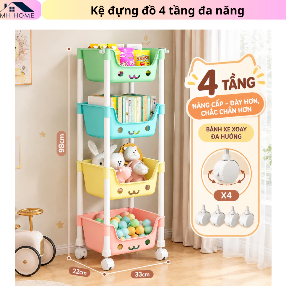 Kệ Gấu Đựng Đồ Đa Năng 4 Tầng Có Bánh Xe Thông Minh - Kệ Để Đồ Chơi Cho Bé Bỉm Sữa Nhà Bếp Tiện Lợi MH