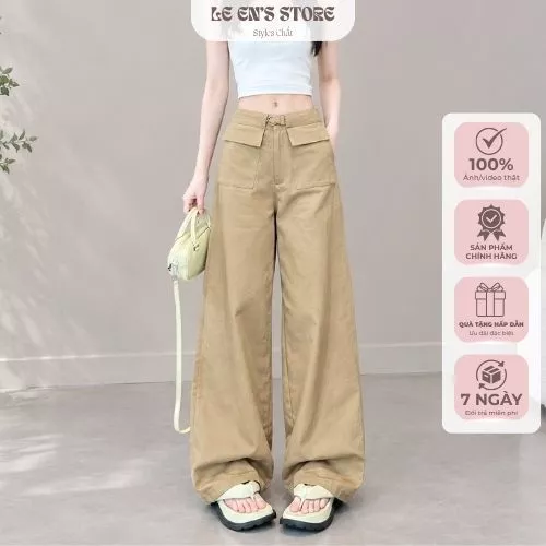 Quần suông nữ cạp cao chất thô kaki ống rộng dài 96cm công sở đi chơi thời trang-Q140