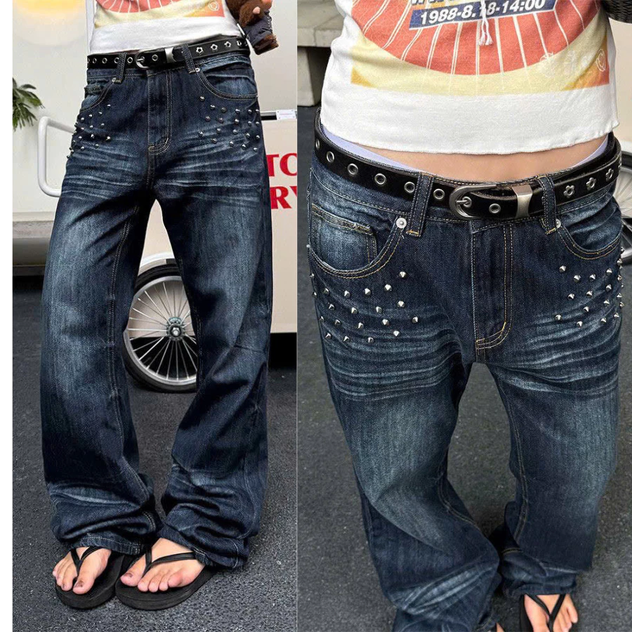 [DEAL MỞ BÁN] Quần Jean Baggy Đính Tán Bạc Vintage Unisex – Signature Metal Rush