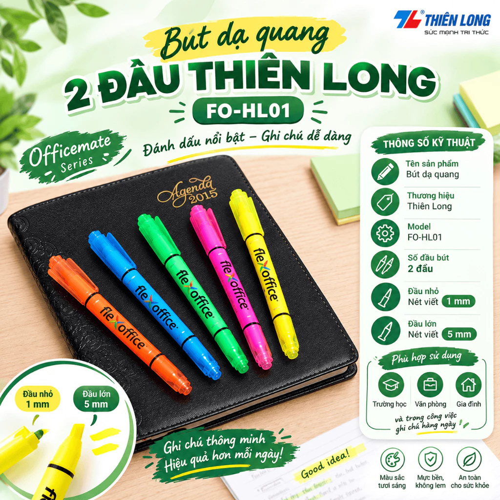 Bút Highlight Thiên Long FO-HL01 , 2 Đầu, Nét Nhỏ 1mm Nét Lớn 5mm