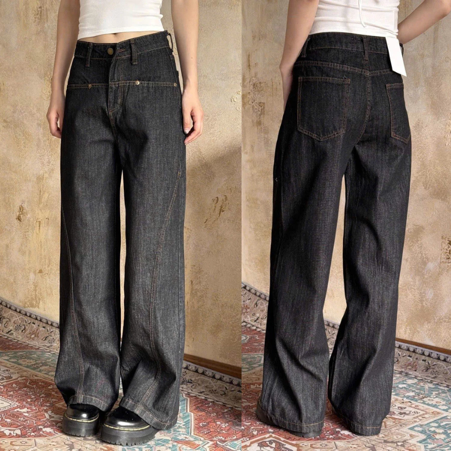 [BEST SELLER] Quần Jean Ống Rộng Xanh Đen Đường May Nổi Basic - Midnight Seam