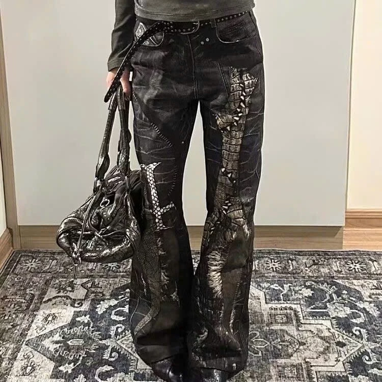 [DEAL MỞ BÁN] Quần Jean Loa Ống Rộng In Vân Rắn Y2K - Venom Flare