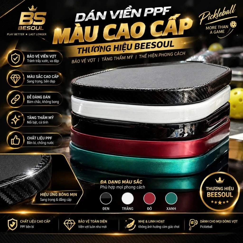 Dán Viền vợt Pickleball PPF Màu Cao Cấp 16mm 14mm siêu đẹp, siêu bền bỉ bảo vệ viền vợt khỏi va chạm