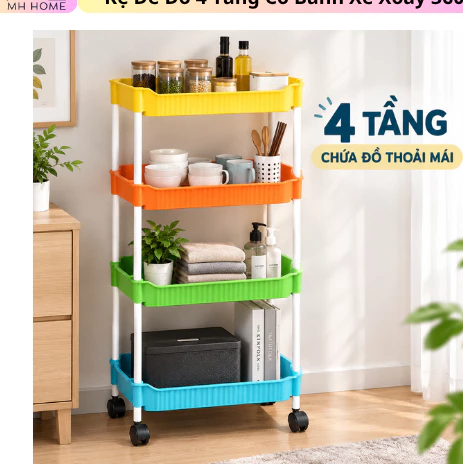 Kệ Đa Sắc Để Đồ 4 Tầng Đa Năng Có Bánh Xe Xoay 360° Nhiều Màu Bắt Mắt, Kệ Đựng Gia Vị Nhà Bếp, Kệ Để Đồ Nhà Tắm Thoát