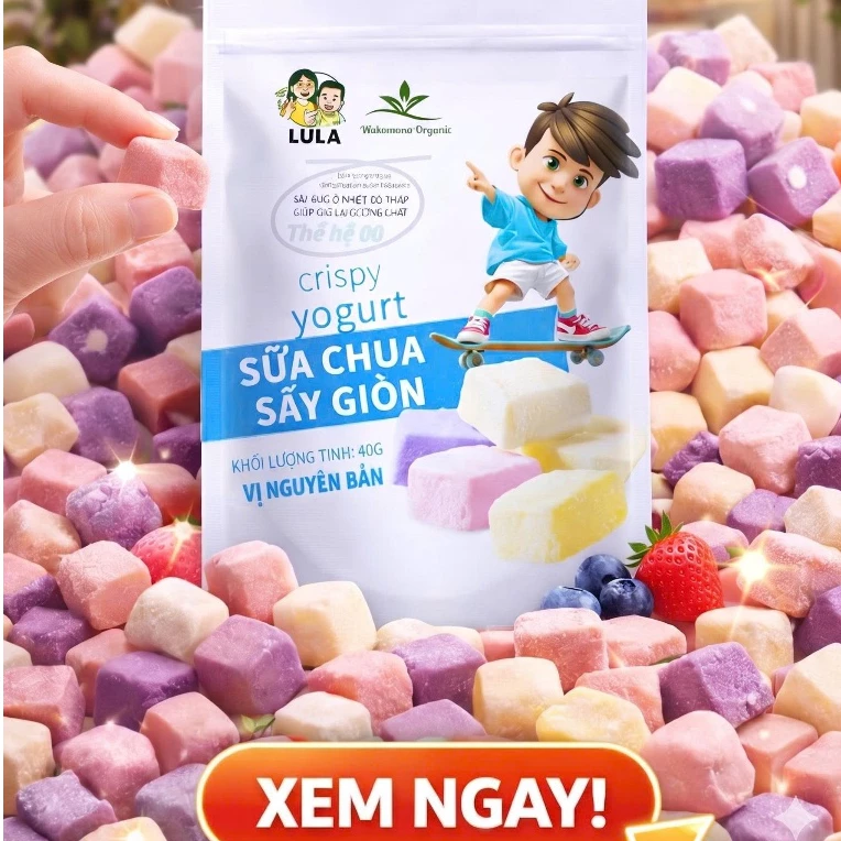 Sữa chua sấy giòn Wakamono Organic 40g/gói, công nghệ sấy lạnh thăng hoa, giòn rụm, thơm ngon