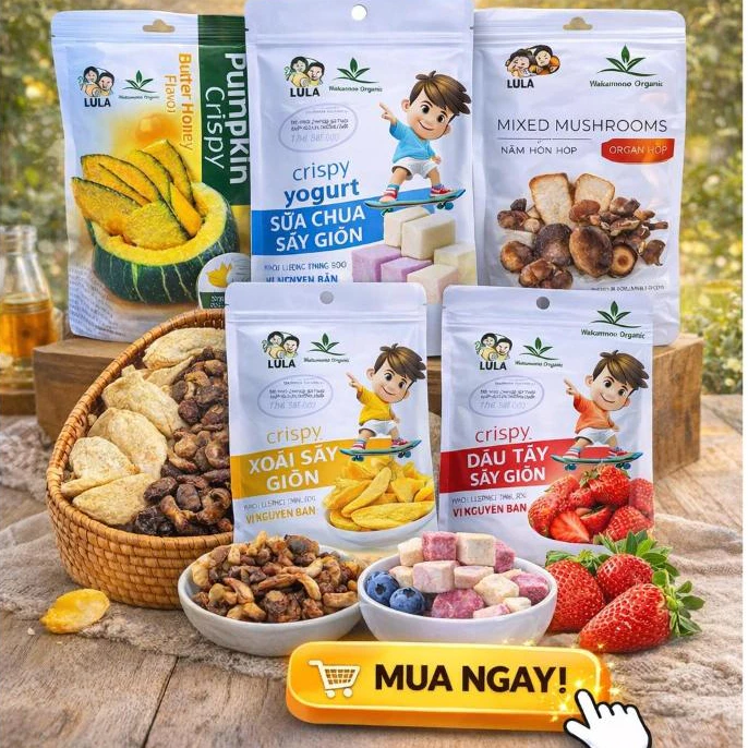 Trái cây-rau củ sấy giòn Wakamono Organic, Ăn vặt healthy, Giòn rụm từng miếng