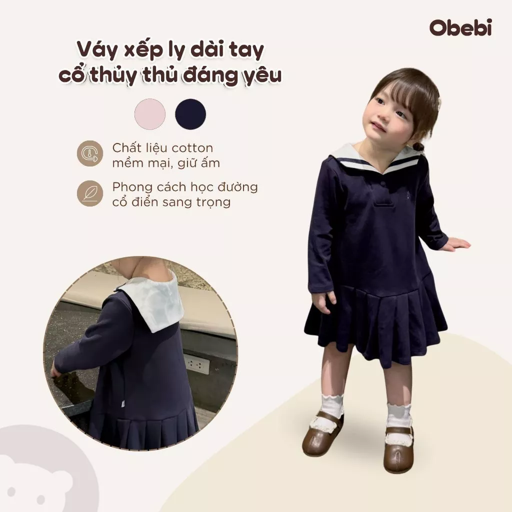 Váy Xinh Cho Bé Gái Xếp Ly Dài Tay Thêu Thỏ Thời Trang Thu Đông Cô Dáng Thủy Thủ Obebi 9-23kg V79