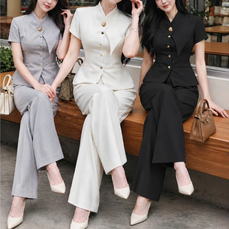 (LƯNG QUẦN TÂY ) Set Vest Nữ Công Sở Tay Ngắn Kèm Quần Tây, Thiết Kế Sang Trọng Thanh Lịch  NY NA STORE