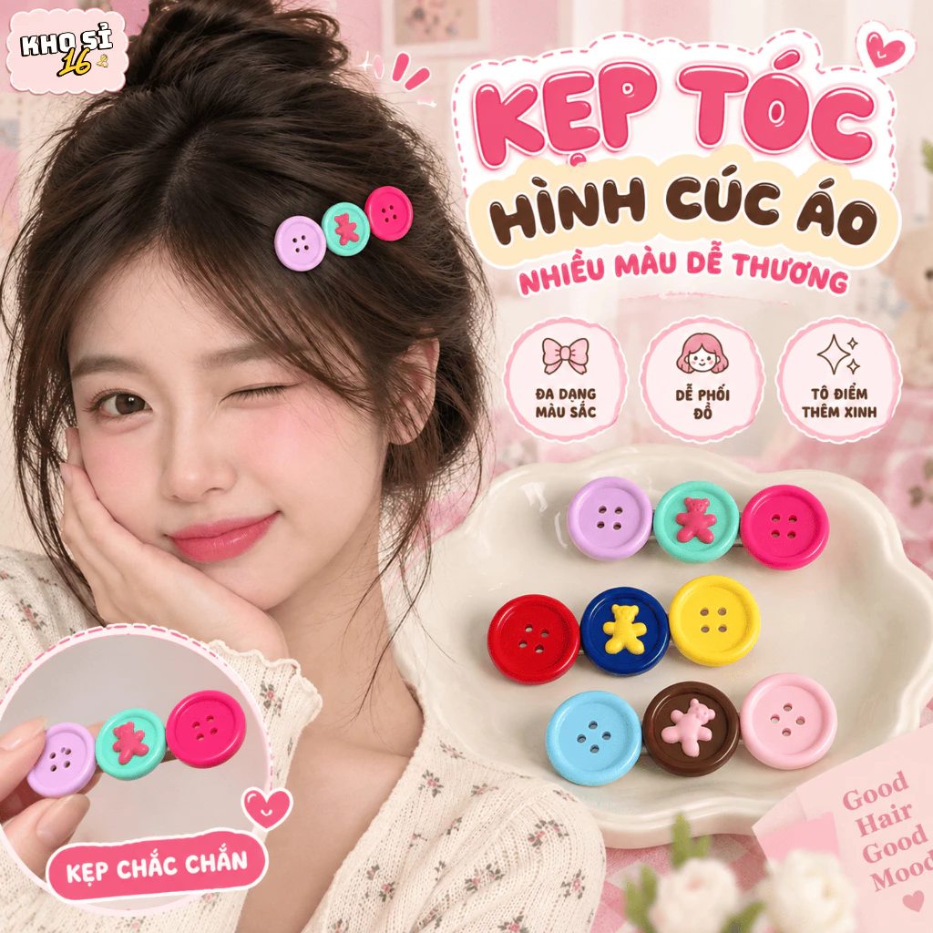 Kẹp Tóc Hình Cúc Áo Gấu Cute Nhiều Màu, Phụ Kiện Tóc Nữ Xinh Xắn Nhỏ Gọn Dùng Đi Học Đi Chơi_khosi16-KT07