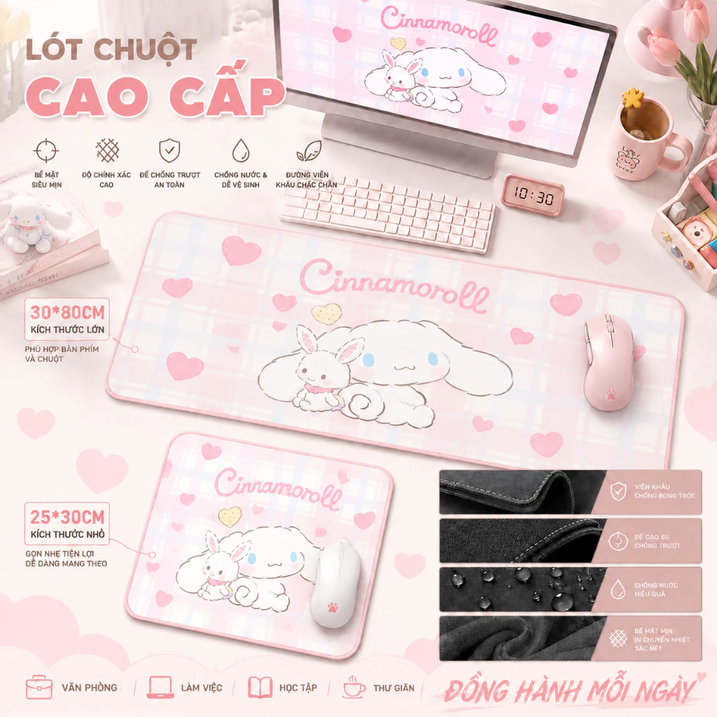 Tấm lót chuột Cinnamoroll đáng yêu, tấm lót chuột bàn phím cỡ lớn, chống trơn, trang trí bàn làm việc,size 80*30 & 30*25