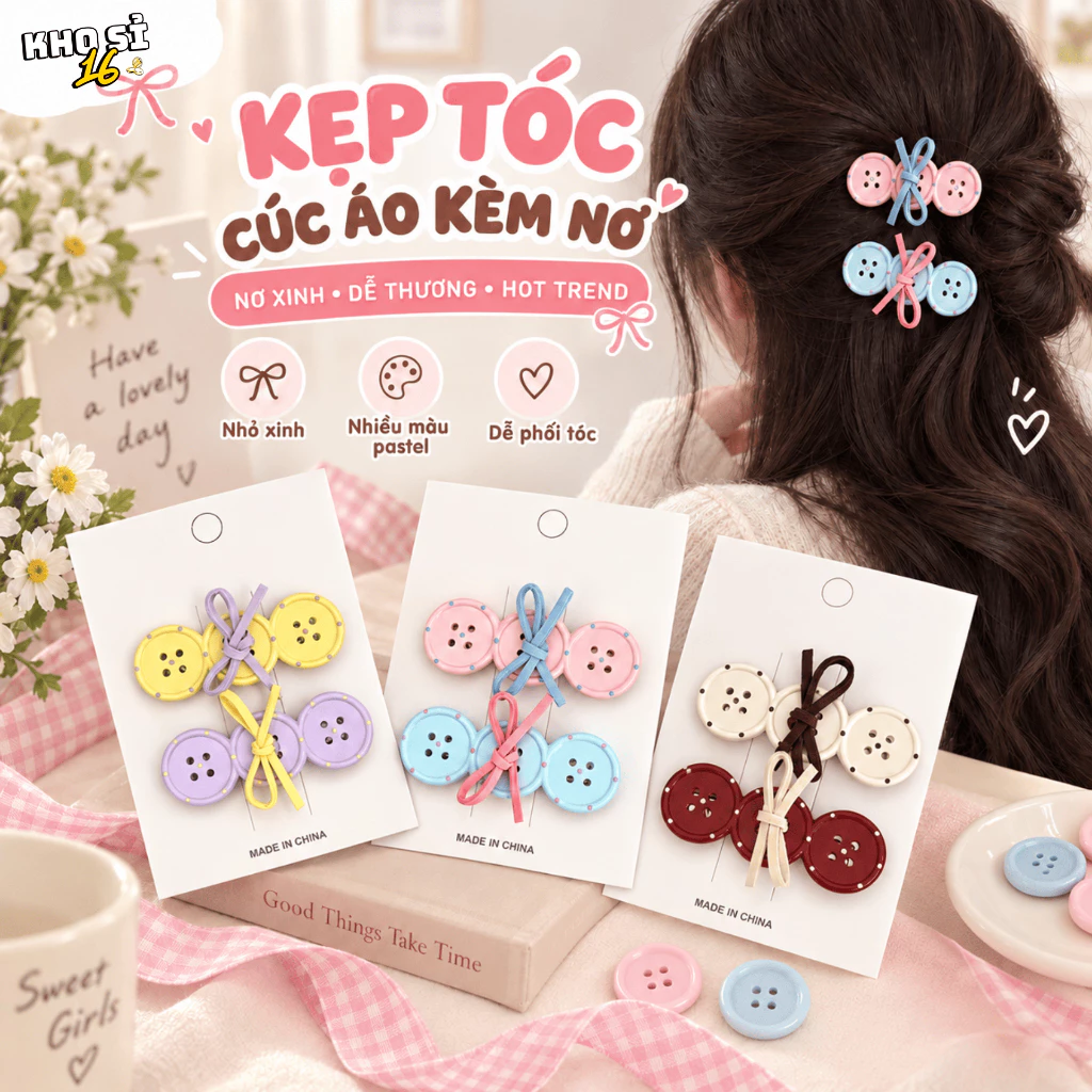 Kẹp Tóc Mái Hình Cúc Áo Phối Nơ Dây Pastel Nhỏ Gọn Xinh Xắn, Phụ Kiện Cài Tóc Nữ Dễ Thương_khosi16-1KT08