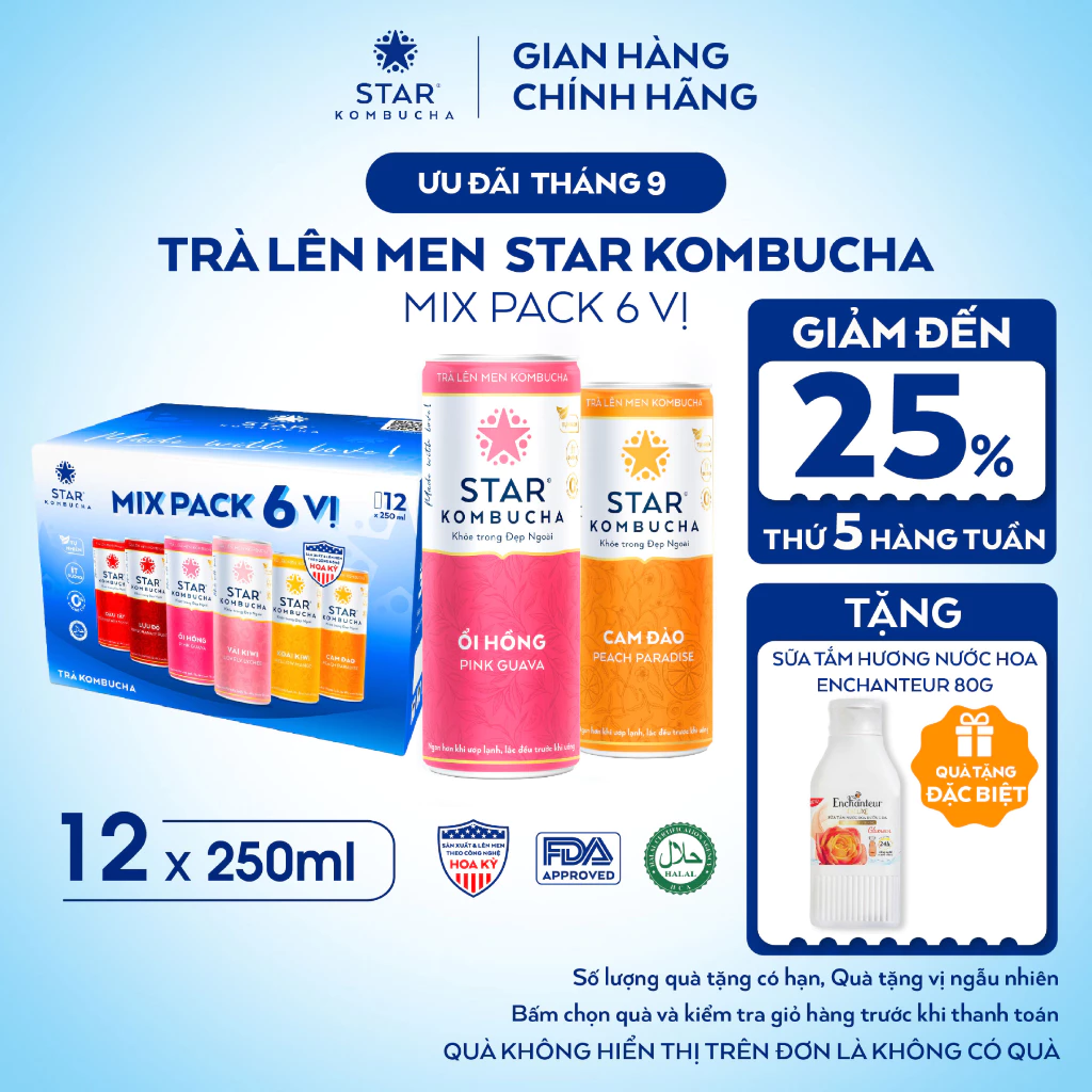 Thùng 12 Lon STAR KOMBUCHA Mix 6 Vị 250ml - Trà Lên Men Bổ Sung PROBIOTICS Tự Nhiên Từ Trà, SCOBY Và Thảo Mộc