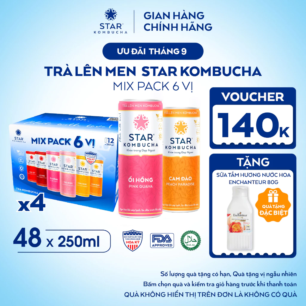 Combo 4 Thùng Trà Lên Men STAR KOMBUCHA Mix 6 Vị (48 Lon x 250ml) Thức Uống PROBIOTICS Tự Nhiên Từ Trà, SCOBY, Thảo Mộc