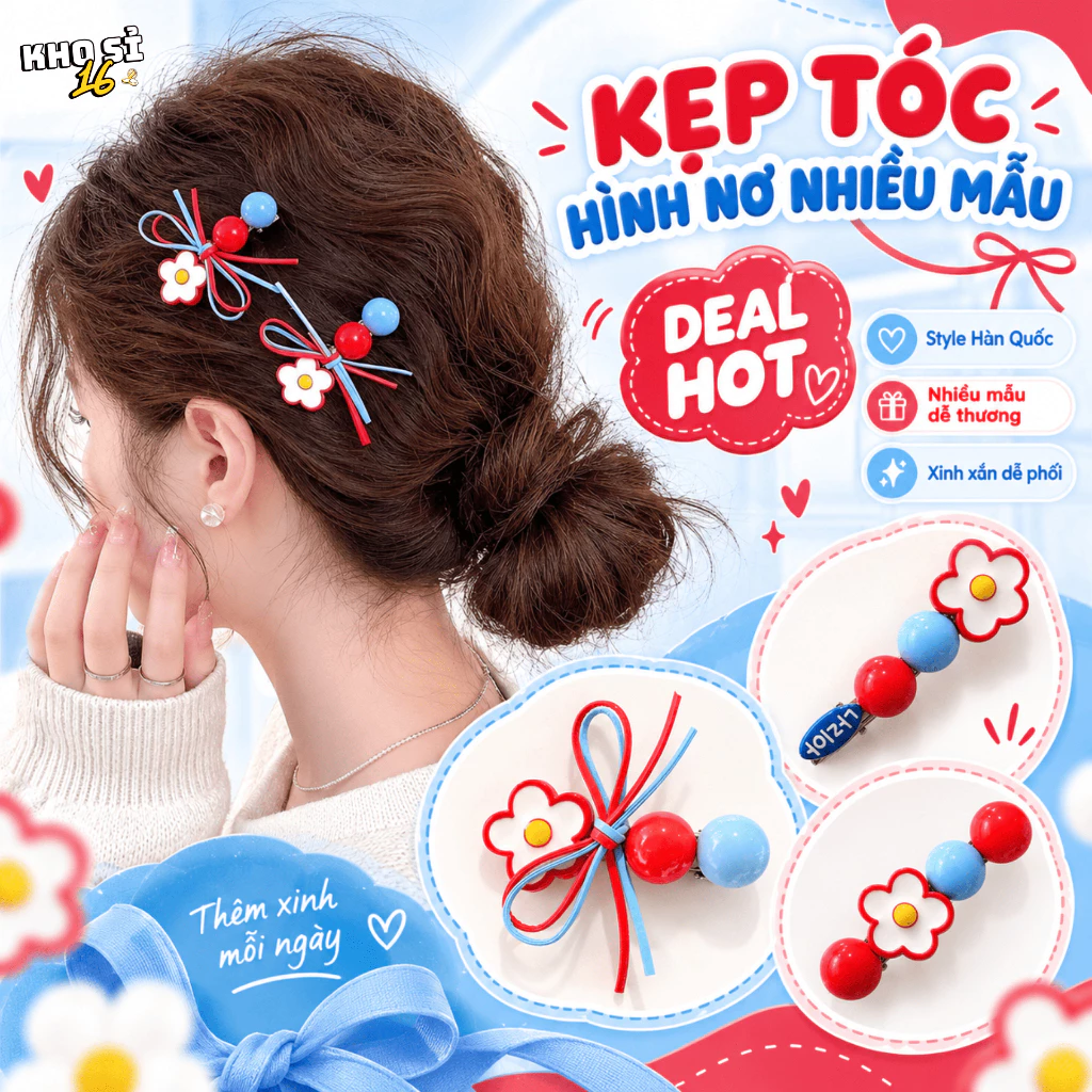 Kẹp Tóc Nữ Nhiều Mẫu Hình Hoa Nơ Trái Tim Đỏ Xanh Xinh Xắn Phụ Kiện Cài Tóc Dễ Thương Cho Nữ_khosi16-1KT09