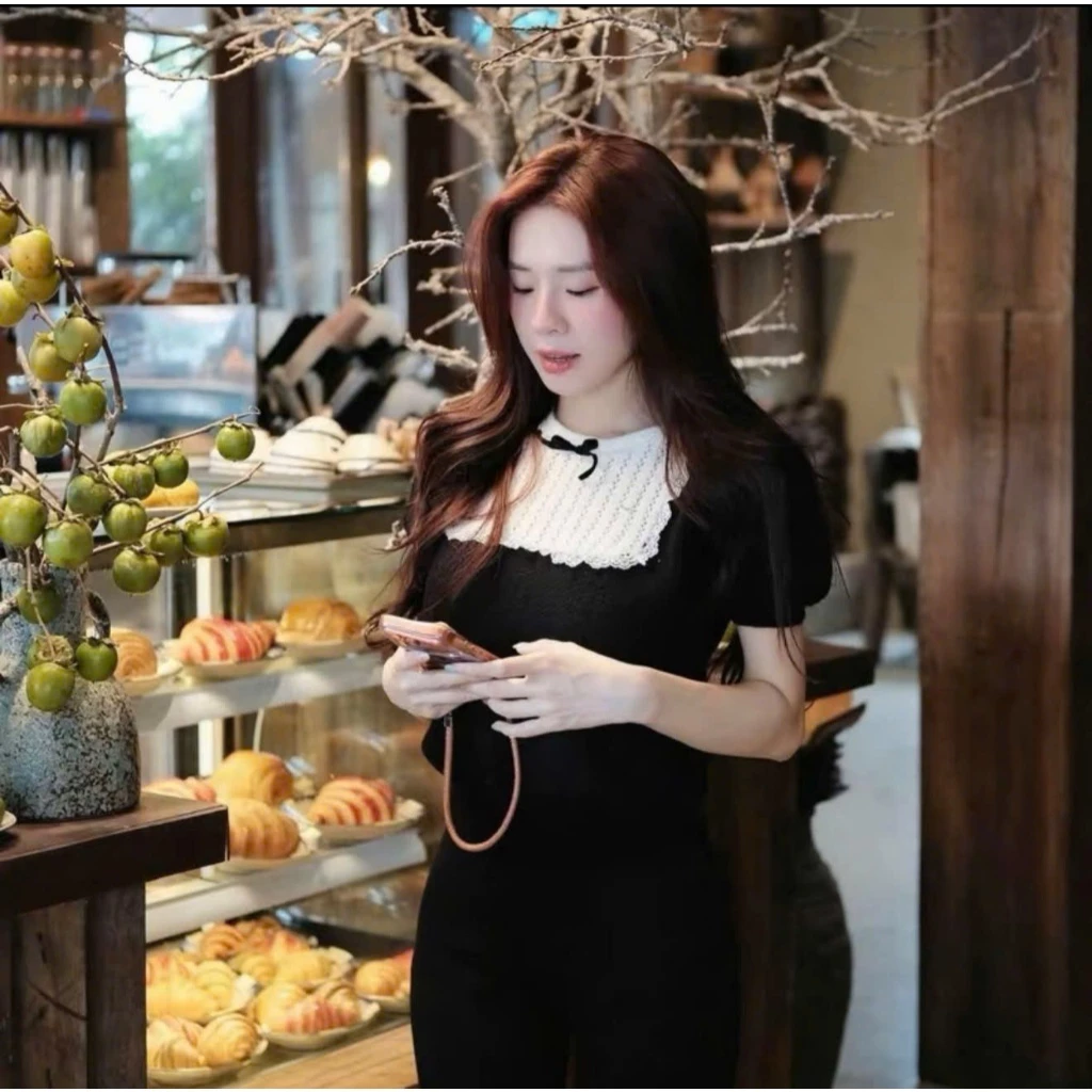 Áo Nữ Cổ Ren Trắng Đính Nơ Vintage Cổ Ren Trắng Phối Nơ Đen, Áo Tay Ngắn Hàn Quốc Dễ Thương