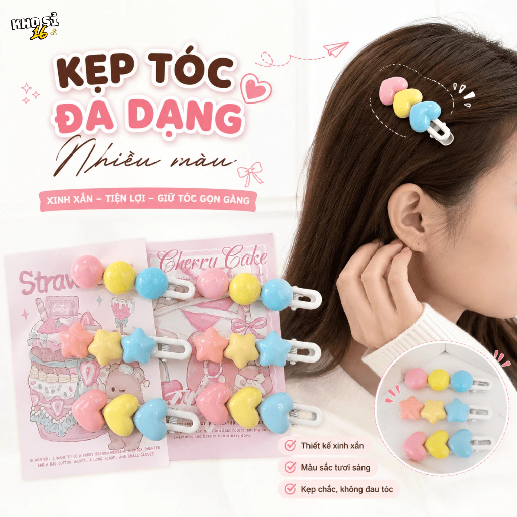 Kẹp Tóc Mái Pastel Nhiều Màu Hình Tròn Ngôi Sao Trái Tim, Phụ Kiện Tóc Nữ Dễ Thương _khosi16-KT10